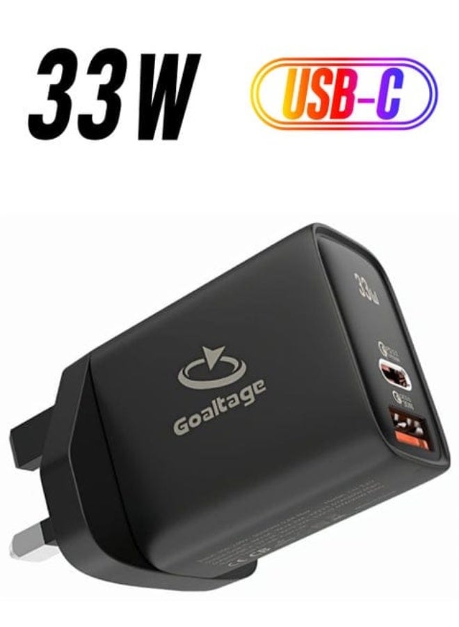 جولتيج شاحن حائط سريع ثنائي المنافذ من Goaltage CH01 بقوة 33 واط بتقنية الشحن السريع PD - منفذ USB-C ومنفذ USB-A | قابس بريطاني - Image 3